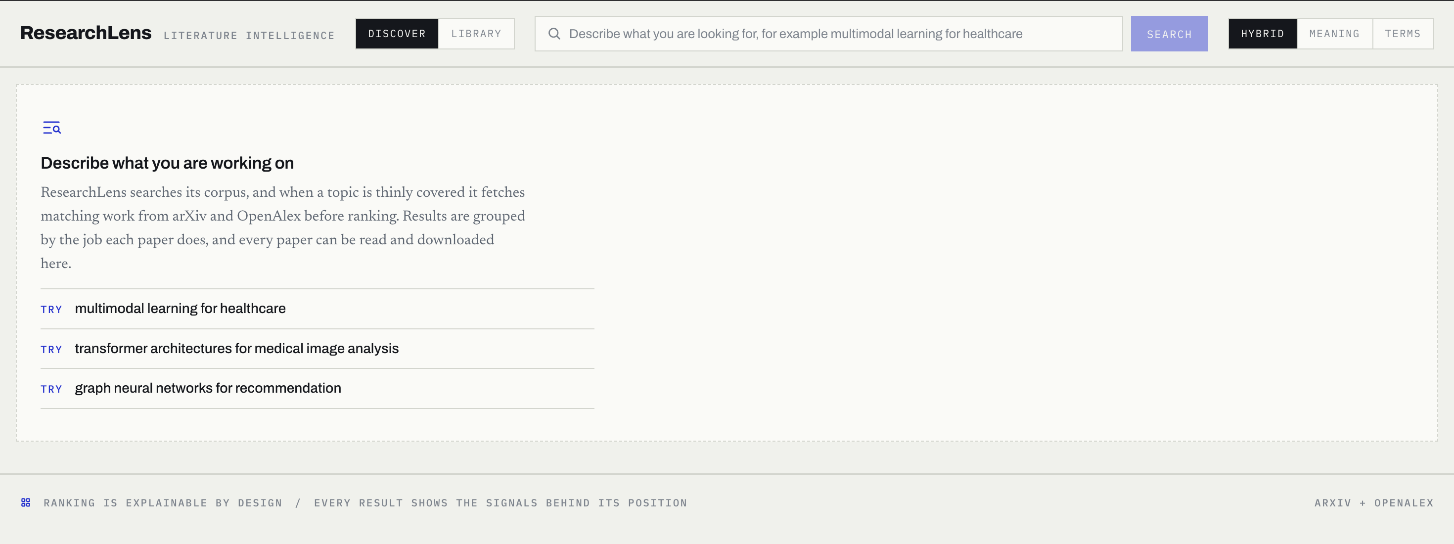 ResearchLens academic paper discovery interface